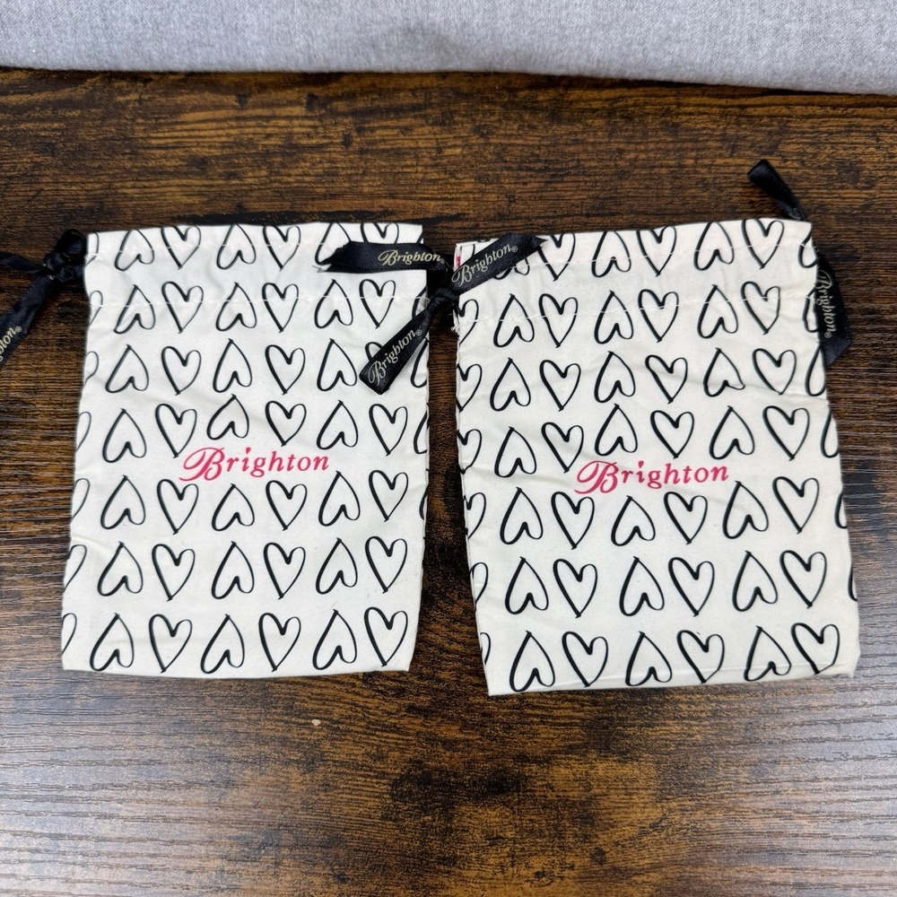 Lot Of 2 Vintage BRIGHTON Bag Black White Medium Hearts Drawstring Jewelry Pouch